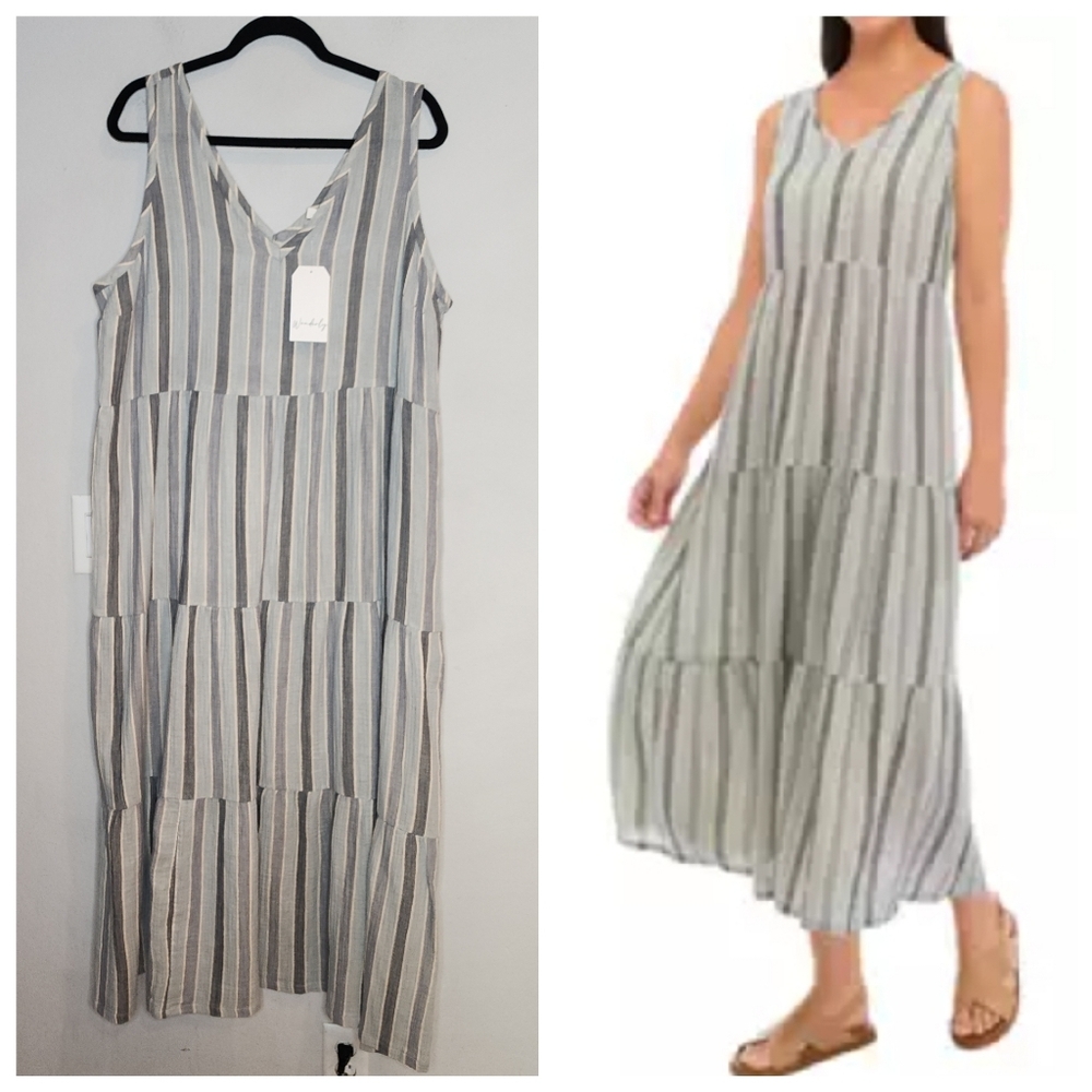 Wonderly Sleeveless Striped Tiered Maxi Dress - White & Gray